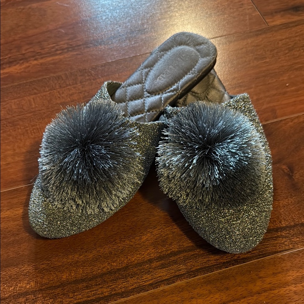 Sparkly Gray Slippers with Pom Poms